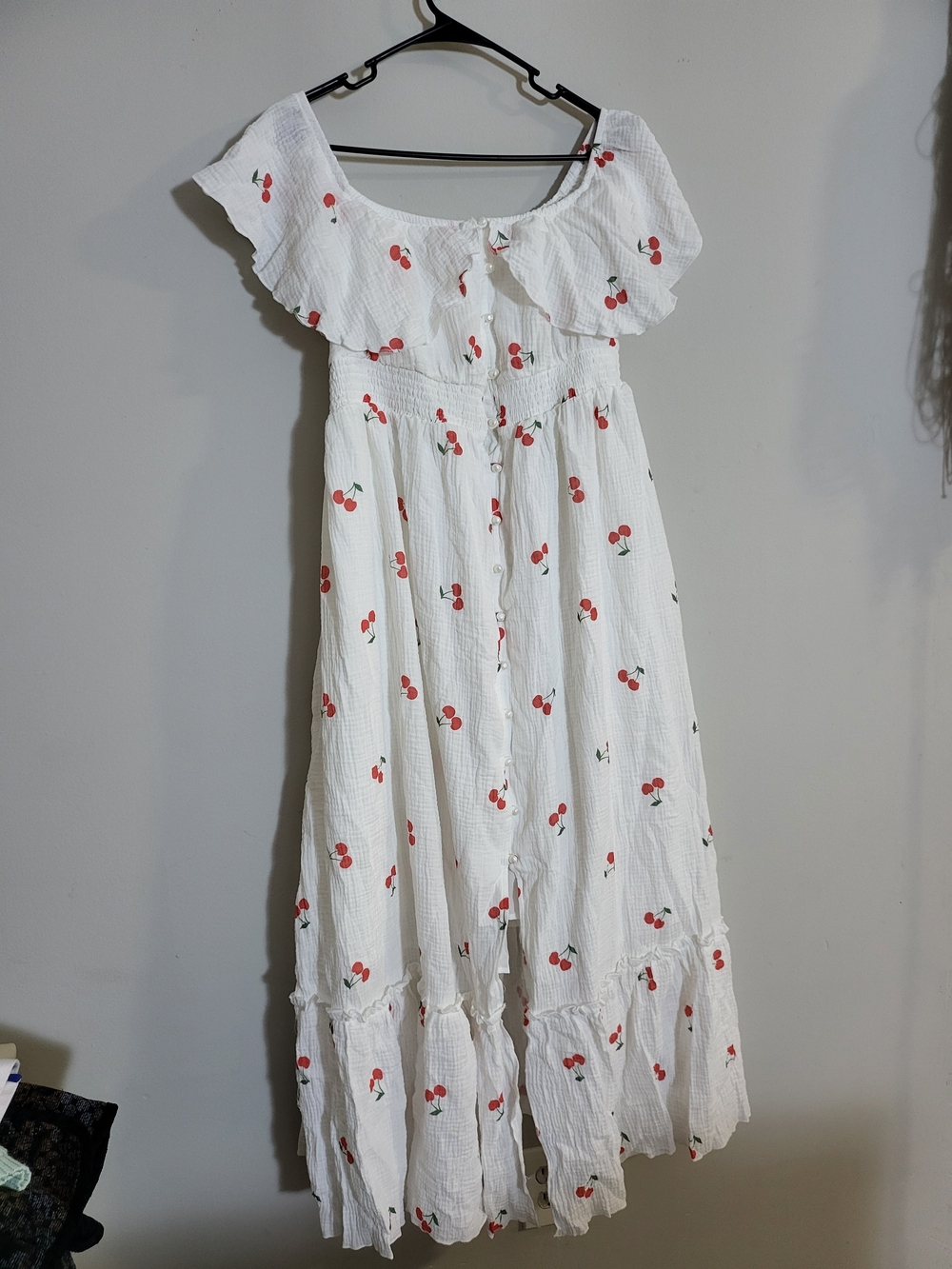 Shein White Cherry Print Ruffle Maxi Dress